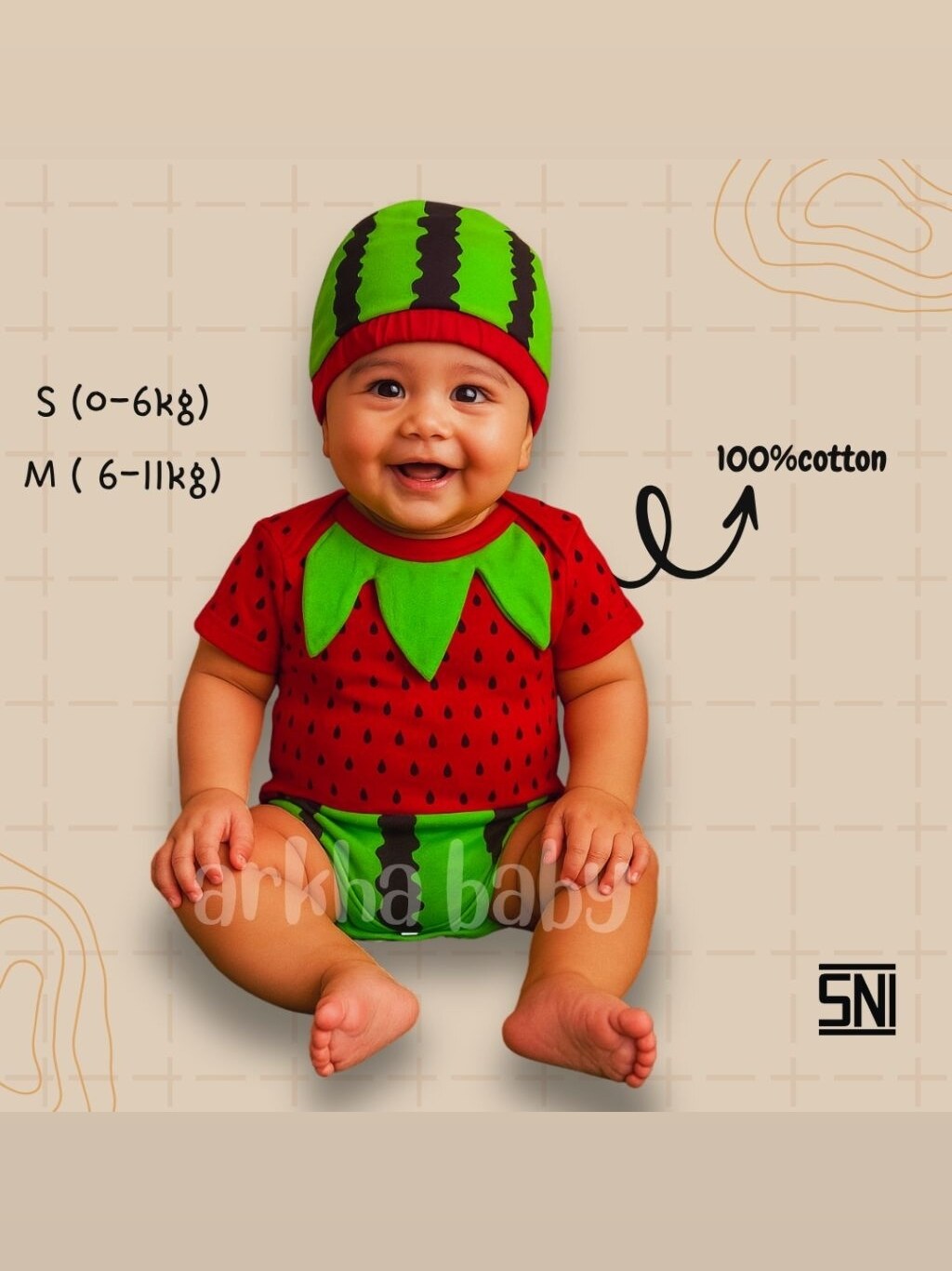BAJU BAYI JUMPER BAYI MOTIF BUAH WATERMELON/ KOSTUM BAYI/ BAJU BAYI KARAKTER/BAJU BAYI MOTIF BUAH (SNI) foto 2