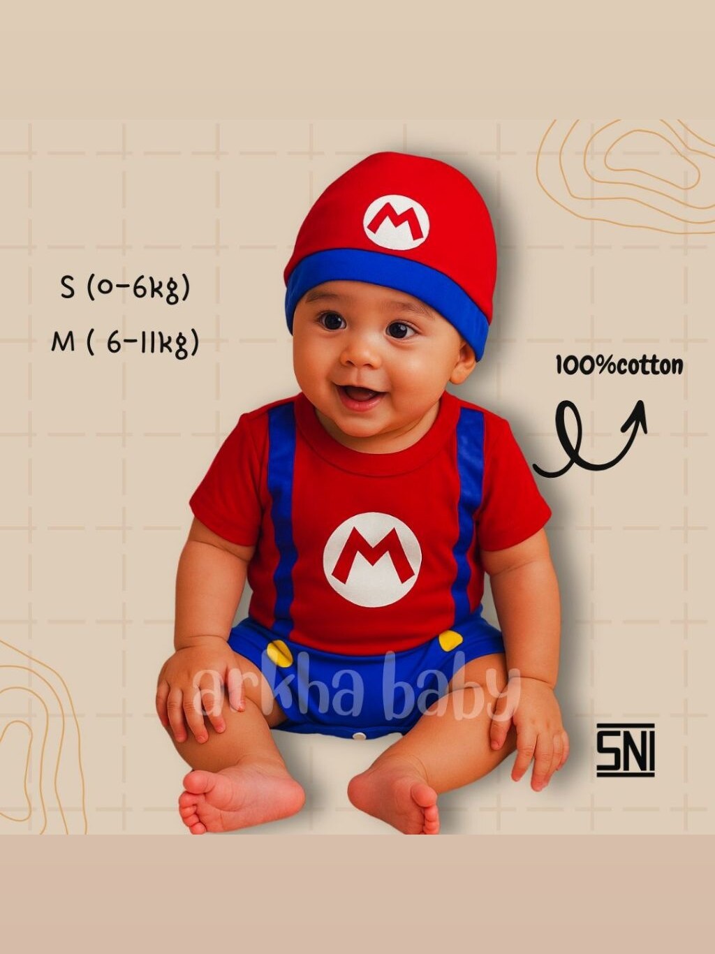 BAJU BAYI KOSTUM BAYI JUMPER BAYI KARAKTER MARIO/ JUMPSUT BABY/ BAHAN KATUN ( SNI ) foto 1