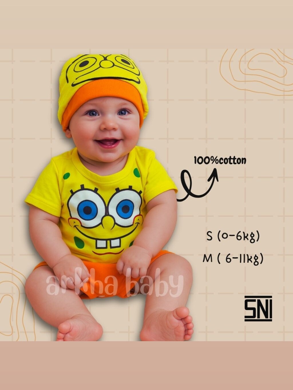 BAJU BAYI JUMPER BAYI KOSTUM BAYI MOTIF SPONGEBOB/ BAJU BAYI KARAKTER SPONGEBOB/ BAHAN KATUN ( SNI ) foto 2