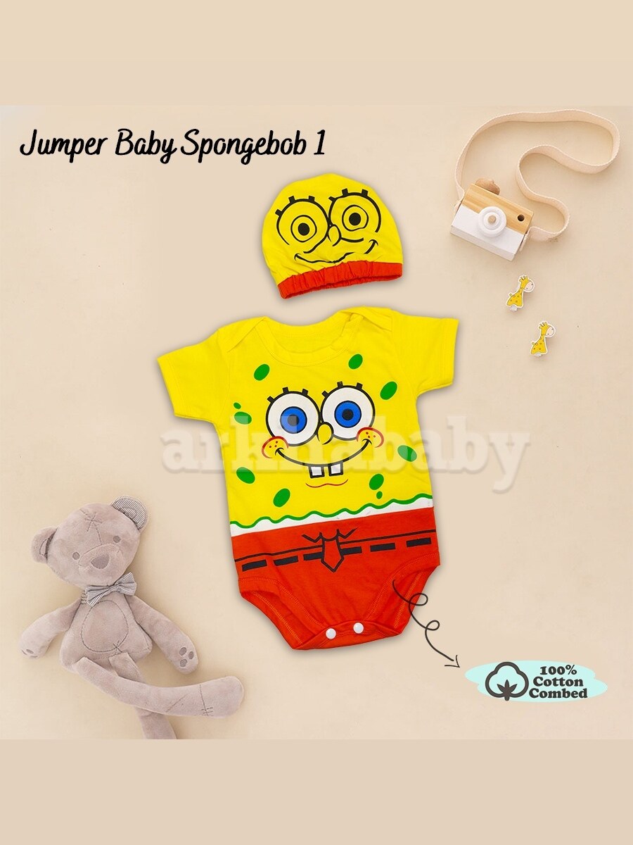 BAJU BAYI JUMPER BAYI KOSTUM BAYI MOTIF SPONGEBOB/ BAJU BAYI KARAKTER SPONGEBOB/ BAHAN KATUN ( SNI ) foto 1