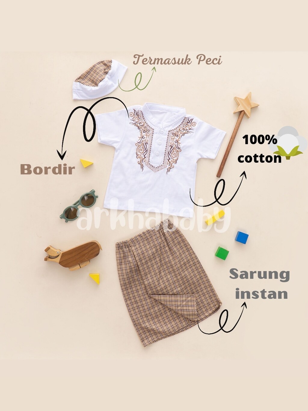 KOKO BAYI Sarkoci Baju Bayi Koko Bayi Muslim Baju Aqiqah Sarung Bayi Set Peci//BORDIR//( SNI) foto 3
