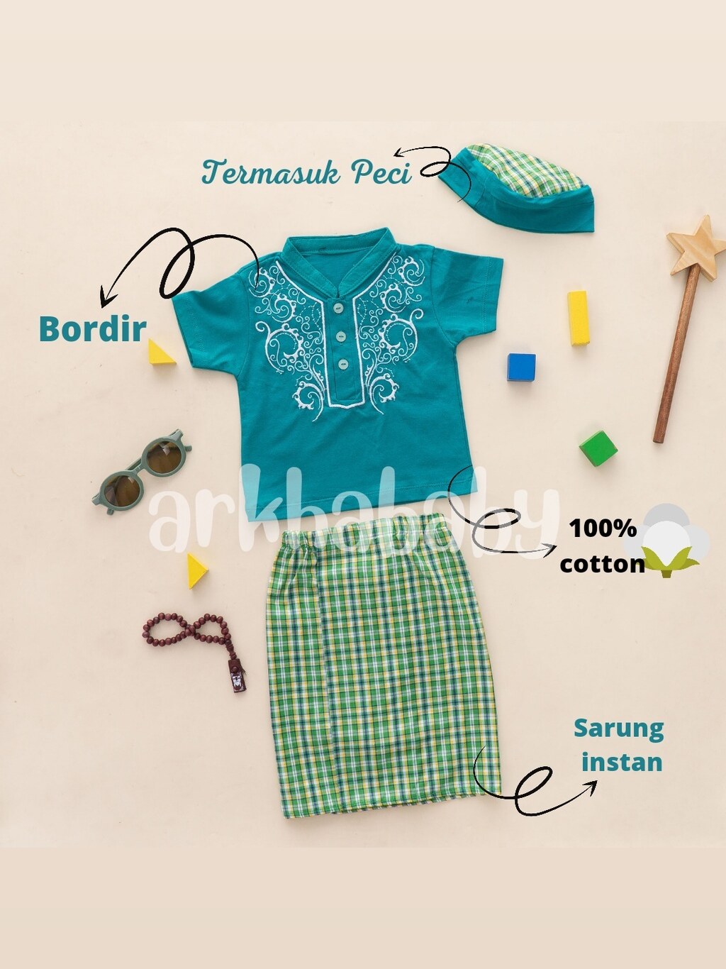 KOKO BAYI Sarkoci Baju Bayi Koko Bayi Muslim Baju Aqiqah Sarung Bayi Set Peci//BORDIR//( SNI) foto 6
