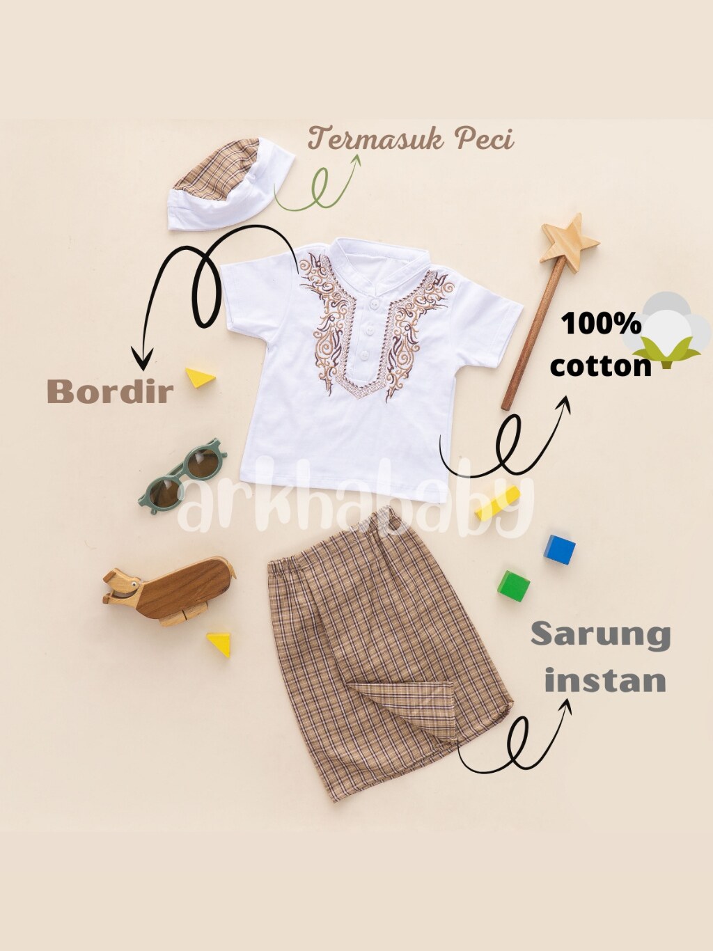 KOKO BAYI Sarkoci Baju Bayi Koko Bayi Muslim Baju Aqiqah Sarung Bayi Set Peci//BORDIR//( SNI) foto 1