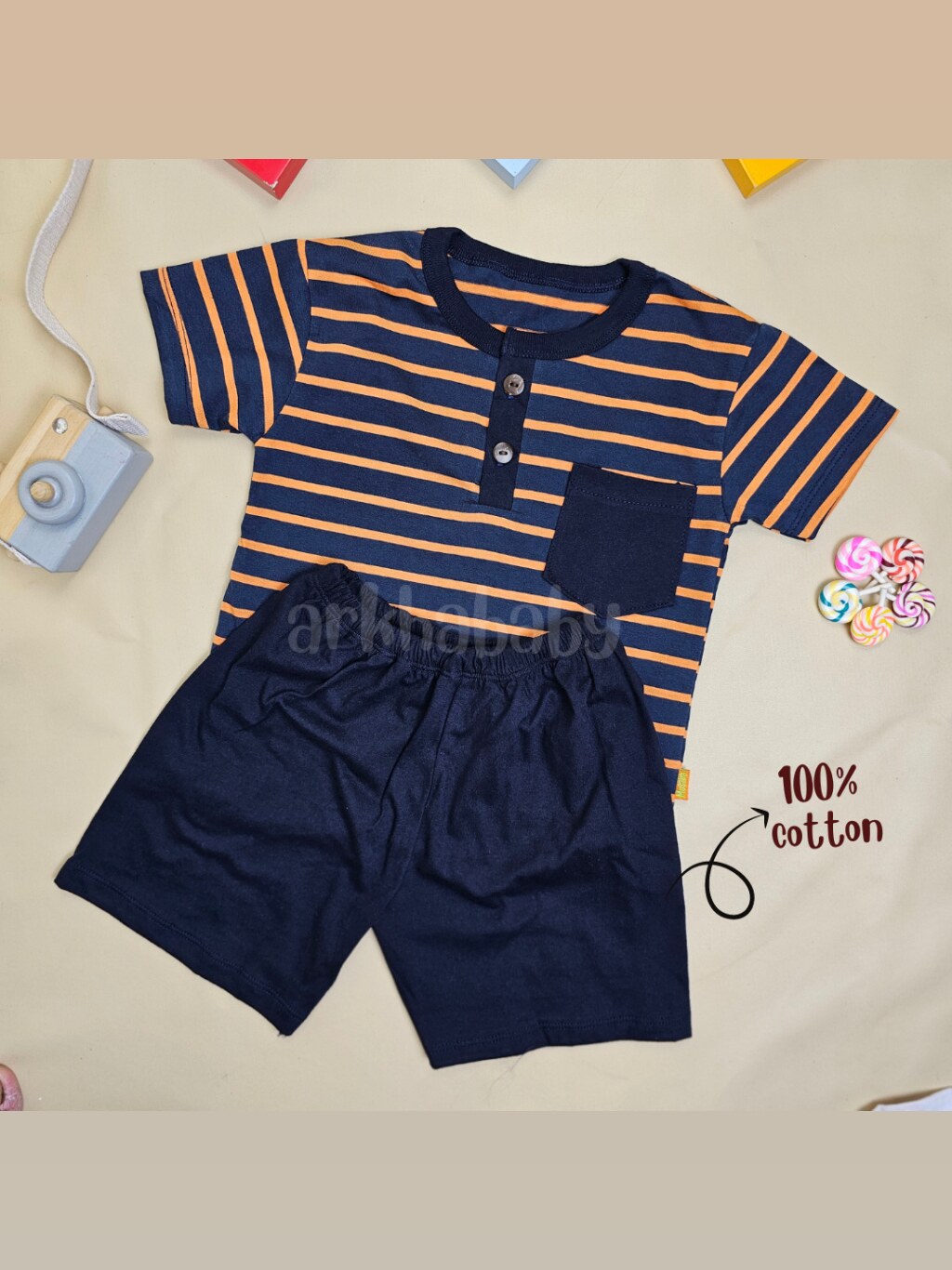 ARKHABABY Baju Anak Setelan Anak Setrip Salur Pocket Setelan Anak laki laki Setelan Anak Perempuan Bahan Katun ( SNI ) foto 6