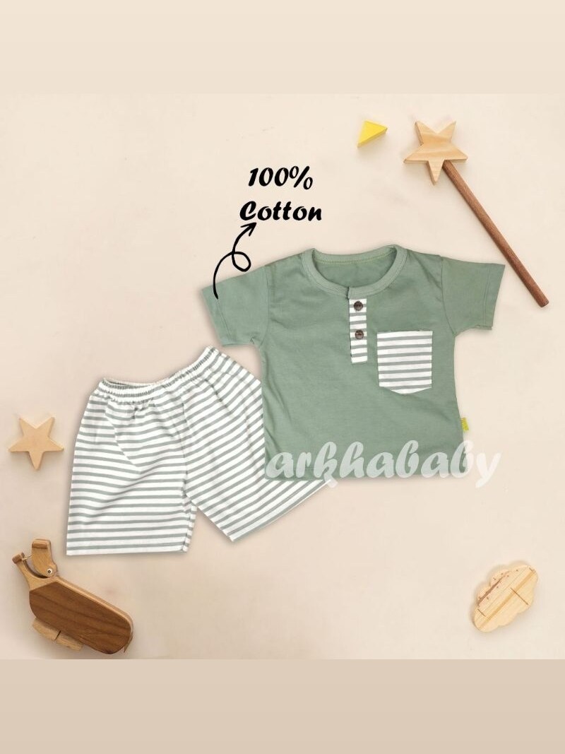 ARKHABABY Baju Anak Setelan Anak Setrip Salur Pocket Setelan Anak laki laki Setelan Anak Perempuan Bahan Katun ( SNI ) foto 7