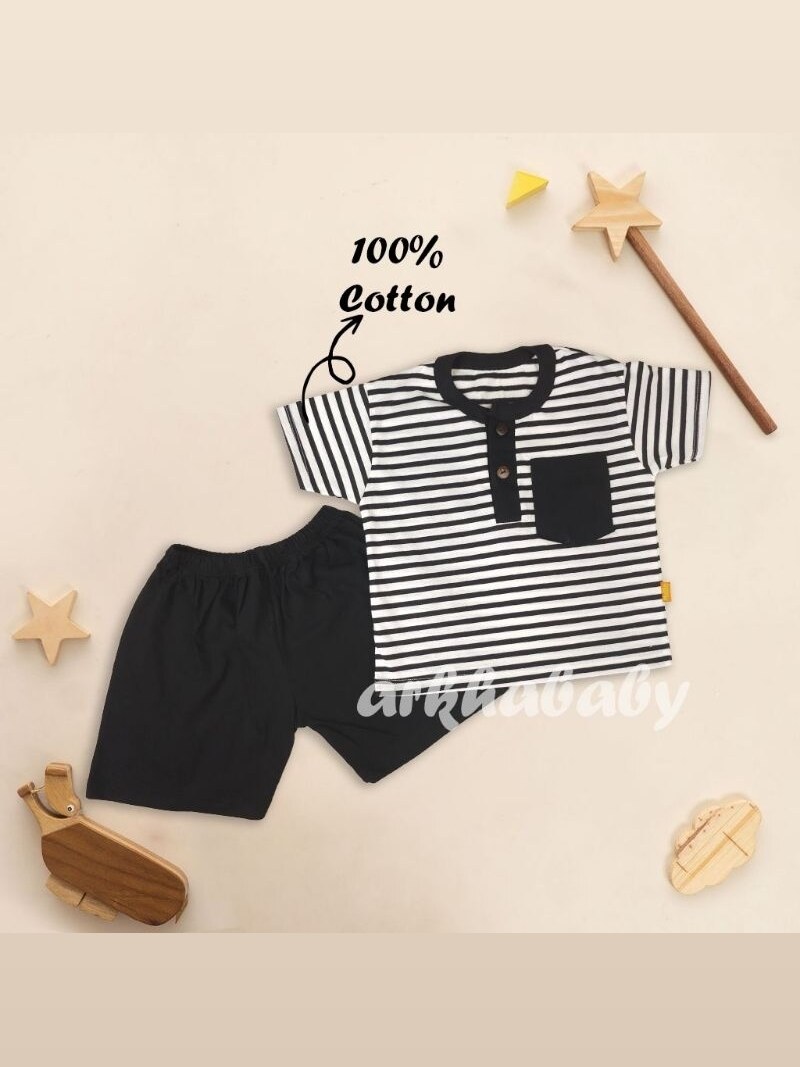 ARKHABABY Baju Anak Setelan Anak Setrip Salur Pocket Setelan Anak laki laki Setelan Anak Perempuan Bahan Katun ( SNI ) foto 8