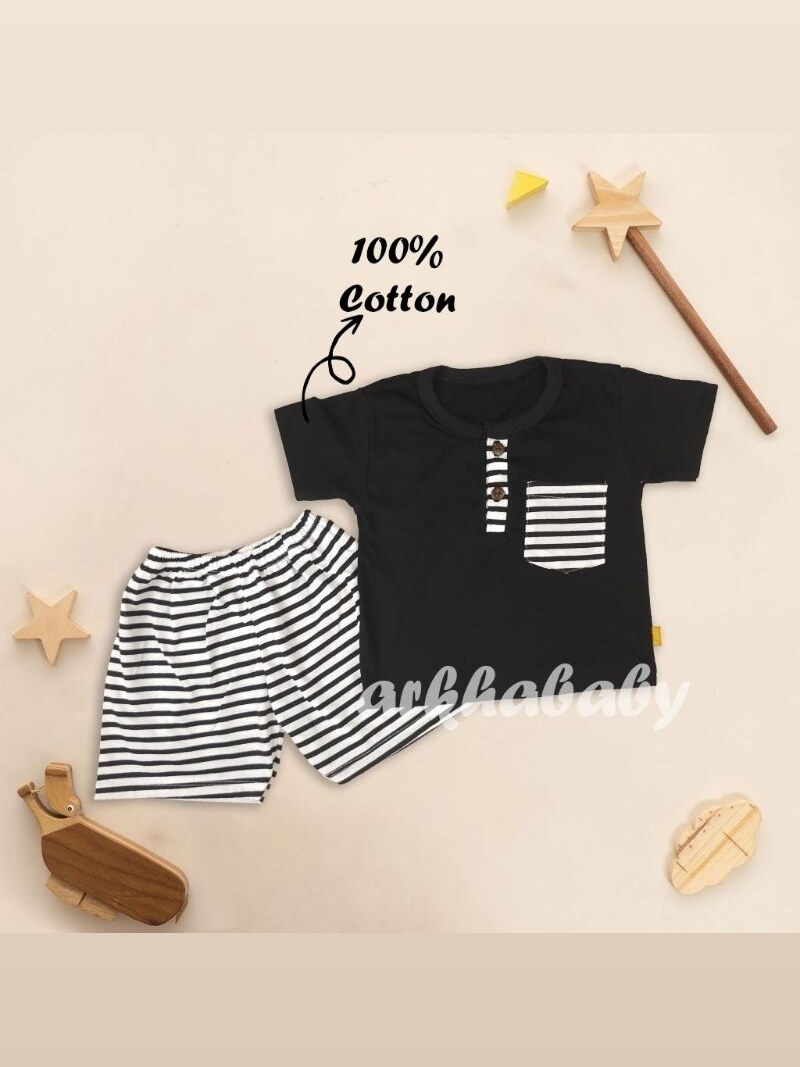 ARKHABABY Baju Anak Setelan Anak Setrip Salur Pocket Setelan Anak laki laki Setelan Anak Perempuan Bahan Katun ( SNI ) foto 9