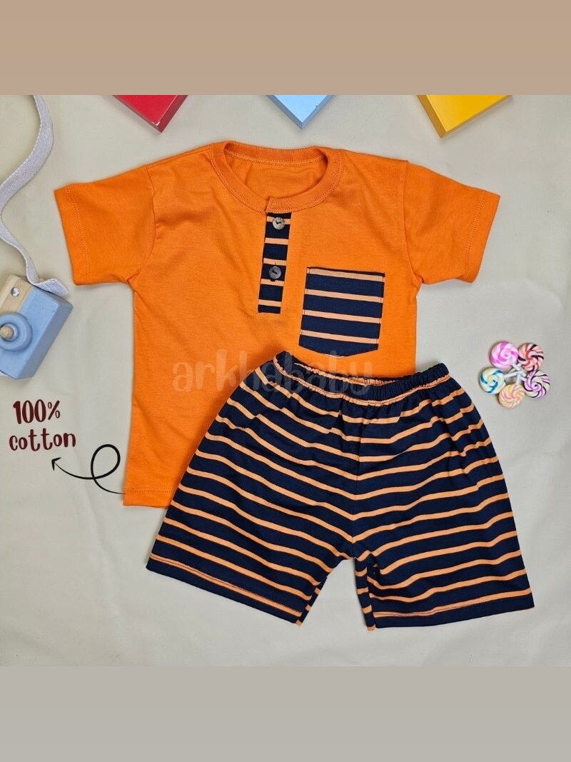 ARKHABABY Baju Anak Setelan Anak Setrip Salur Pocket Setelan Anak laki laki Setelan Anak Perempuan Bahan Katun ( SNI ) foto 1