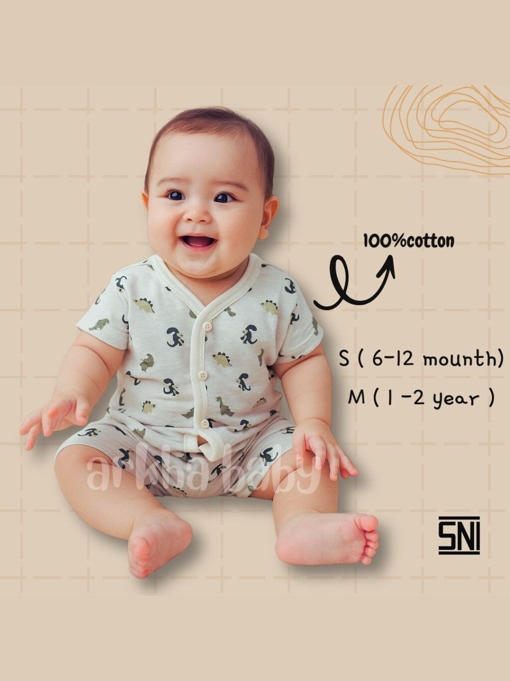 ARKHABABY Setelan Dino series-Setelan anak- Setelan Baju Bayi Kancing Lengan Pendek Bahan 100% Katun ( SNI )