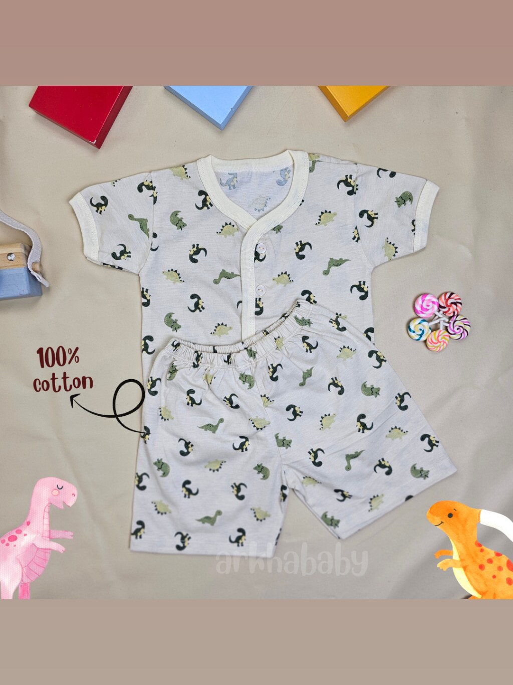 ARKHABABY Setelan Dino series-Setelan anak- Setelan Baju Bayi Kancing Lengan Pendek Bahan 100% Katun ( SNI ) foto 1